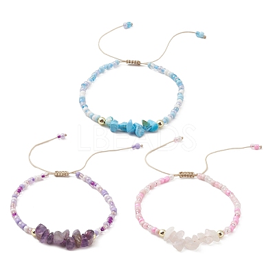 3Pcs 3 Style Natural Mixed Gemstone Chips & Glass Seed Braided Bead Bracelets Sets BJEW-JB09573-1