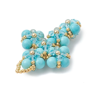Synthetic Green Turquoise Round Beads & Glass Seed Beaded Cross Pendants PALLOY-MZ01151-04-1