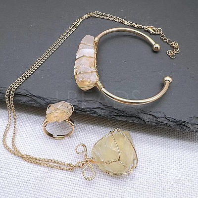 Wire Wrapped Nuggets Natural Yellow Quartz Pendant Necklace & Cuff Bangle & Rings Sets FS-WG99384-03-1