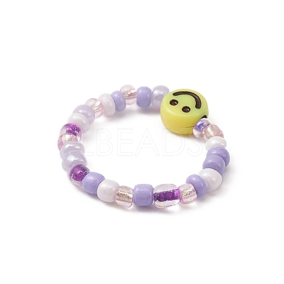 3Pcs 3 Color Glass Seed & Acrylic Smiling Face Beaded Stretch Rings Set RJEW-JR00577-1