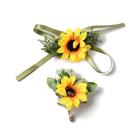 CRASPIRE 2Pcs 2 Style Sunflower Flower Silk Wrist and Flower Silk Brooch Sets AJEW-CP0004-60-1