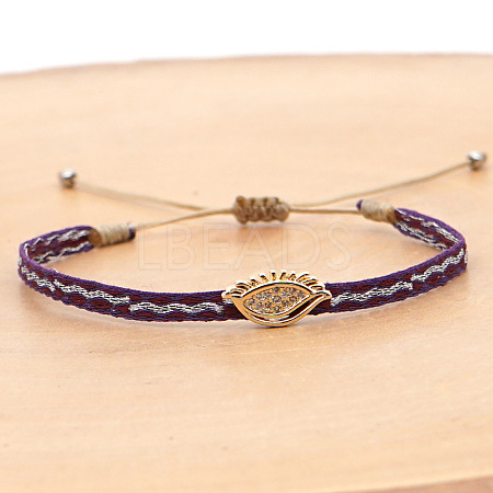 Vintage Bohemian Cotton Cord Braided Bracelets with Brass Micro Pave Clear Cubic Zirconia Eye Beads HL6263-23-1