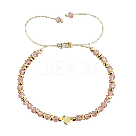Adjustable Faceted Glass & Heart Brass Bead Braided Bracelets RF4294-1-1