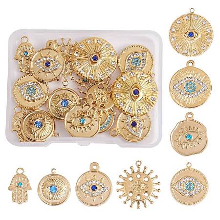 16Pcs 8 Style Eye Theme 304 Stainless Steel Rhinestone Pendants STAS-SZ0002-85G-1