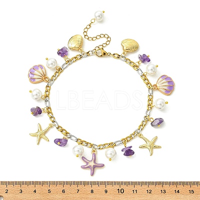 3Pcs 3 Styles Ocean Alloy Enamel Starfish Shell Charm 304 Stainless Steel Figaro Chain Anklets with Natural Amethyst & Rose Quartz & Synthetic Turquoise Chip Beads AJEW-AN00883-1