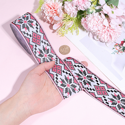 Rhombus Pattern Ethnic Style Embroidery Floral Polyester Ribbons OCOR-WH0070-324B-1