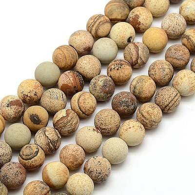 Frosted Natural Picture Jasper Round Bead Strands G-M064-10mm-05-1