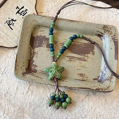 Bohemian Handmade Porcelain Star Pendant Adjustable Imitation Leather Cord Long Necklaces for Women WG246F5-03-1