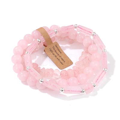 3Pcs Natural Rose Quartz Bead Bracelet Sets for Men PW-WG3CBCD-12-1