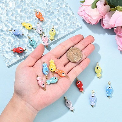 10Pcs Hand Painted Polka Dot Fish Porcelain Pendants PALLOY-YW00115-01-1