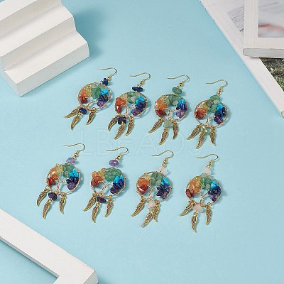 Gemstone Chips Beaded Tree of Life Chandelier Earrings EJEW-JE05152-1