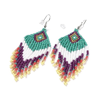 Glass Seed Braided Rhombus with Tassel Chandelier Earrings EJEW-H084-05P-1