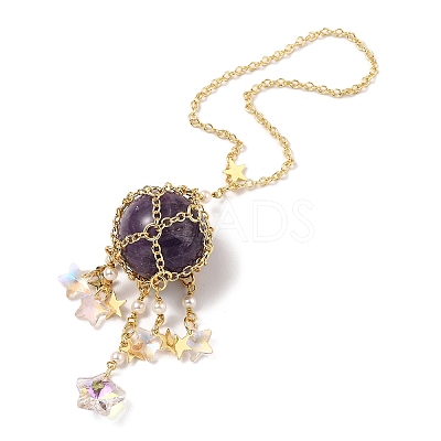 Natural Amethyst with Rack Plating Brass Pendants Decorations AJEW-B023-01G-05-1