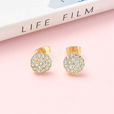 Round Brass Micro Pave Clear Cubic Zirconia Stud Earrings EJEW-Z144-15G-1