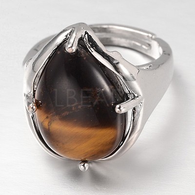 Teardrop Platinum Tone Brass Gemstone Adjustable Wide Band Rings RJEW-L062-02L-1