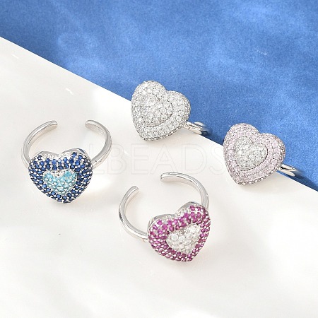 Heart Brass Micro Pave Cubic Zirconia Cuff Open Rings for Women CU-CBA0A21-01P-1