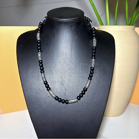 Vintage Frosted 8MM Natural Black Onyx(Dyed & Heated) Round Beaded Necklaces with Alloy Tube for Men QJ9371-1