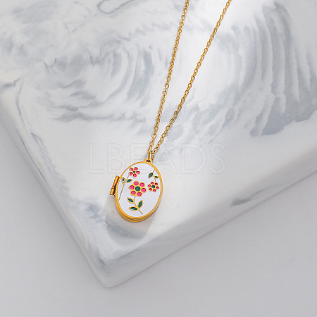 304 Stainless Steel Enamel Geometric Magnetic Photo Locket Pendant Necklaces for Women WG980C2-03-1