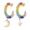 Moon & Star Chakra Faceted Glass Dangle Half Hoop Earrings EJEW-JE05896-1