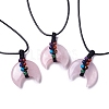 Adjustable Natural Rose Quartz Double Horn Pendant Necklace with Wax Cord for Women NJEW-B086-01I-1