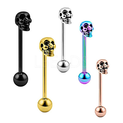 Skull 304 Stainless Steel Straight Barbell 15 Gauge Piercing Tongue Rings for Women Men FS-WG07D05-04-1