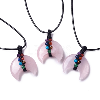 Adjustable Natural Rose Quartz Double Horn Pendant Necklace with Wax Cord for Women NJEW-B086-01I-1