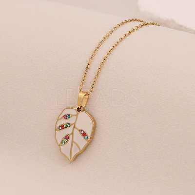 304 Stainless Steel Pave Cubic Zirconia with Enamel Leaf Pendant Necklaces FS-WGB4824-03-1