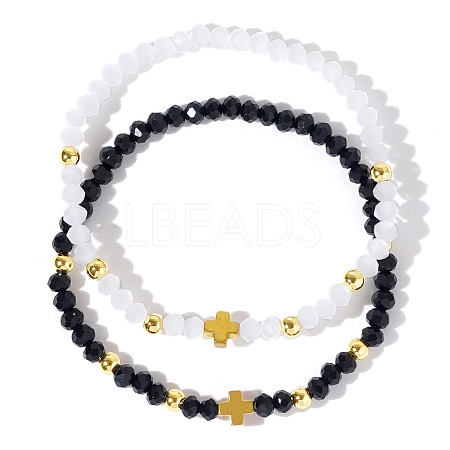 Simple Fashion Cross Brass & Faceted Glass Beaded Bracelet Sets for Couples JR2444-1