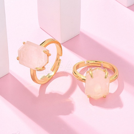 Hexagon Natural Rose Quartz Finger Rings RJEW-B113-02G-04-1