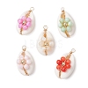 5Pcs 5 Styles Dyed Natural Freshwater Shell Beaded Flower Copper Wire Wrapped Natural Cowrie Shell Pendants PALLOY-JF03441-01-1