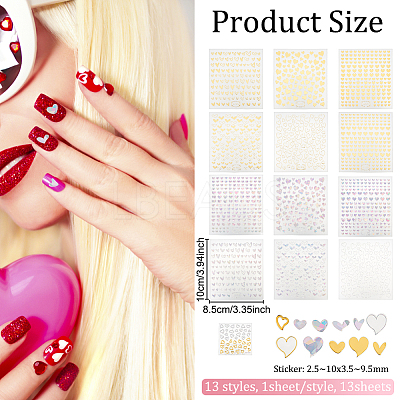 13 Sheets 13 Style 3D Bronzing/Laser Heart Pattern Nail Art Sticker DIY-OC0010-90-1
