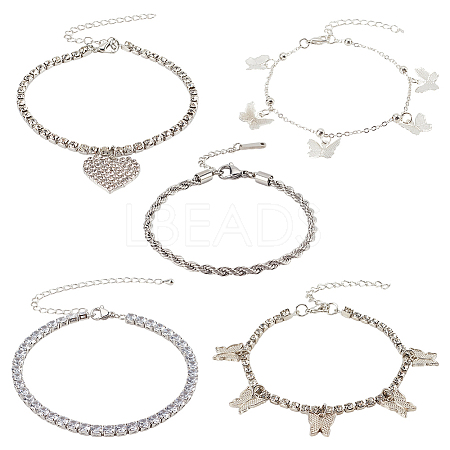 ANATTASOUL 5Pcs 5 Style Clear Cubic Zirconia Tennis Anklets Set AJEW-AN0001-01-1