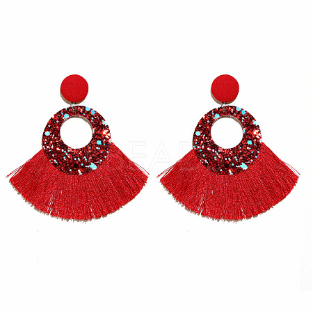 Bohemian Style Acrylic & Polyester Fan Tassel Stud Earrings FS-WGB5BEF-08-1