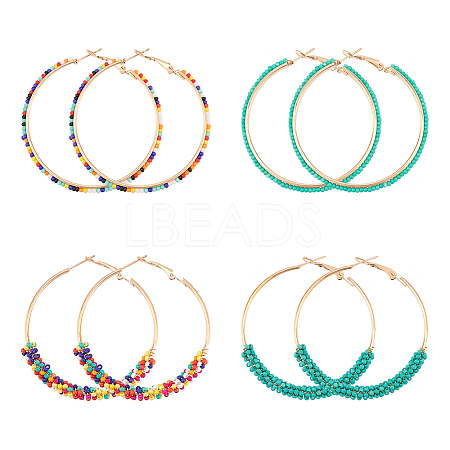 ANATTASOUL 4 Pairs 4 Style Glass Beaded Big Hoop Earrings EJEW-AN0002-22-1