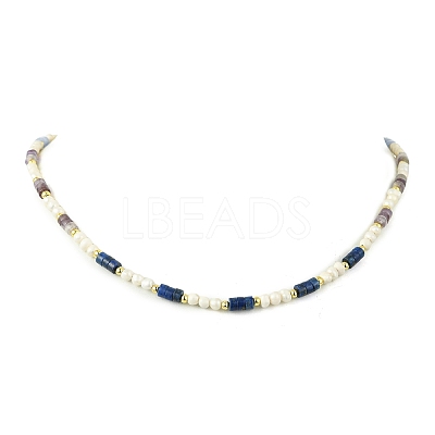Natural Amethyst & Lapis Lazuli  & Synthetic Blue Lace Agate Heishi Beads and Natural Cultured Freshwater Pearl Rice Beaded Necklaces for Women NJEW-JN06294-02-1