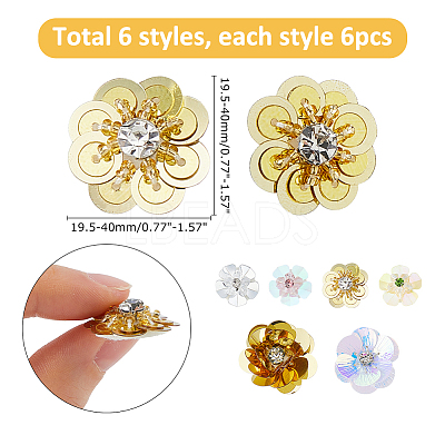 36Pcs 6 Styles PVC Sequins & Rhinestone Hread Iron on/Sew On Patches DIY-HS0002-46-1