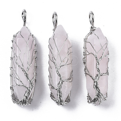 Natural Rose Quartz Big Wire Wrapped Pointed Pendants G-T133-P02G-1
