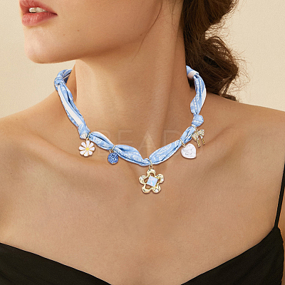 Flower Alloy Enamel & Resin & Glass & Plastic Pearl & Rhinestone Tassel Scarf Choker Necklaces NJEW-SP0001-16C-1