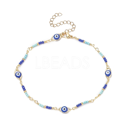 Brass Evil Eye Link Chain Anklet with Glass Beaded AJEW-AN00538-1