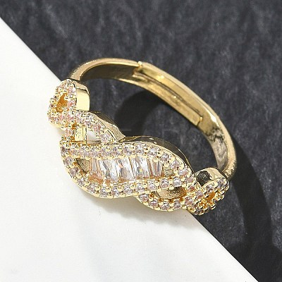 Adjustable Brass & Clear Cubic Zirconia Finger Rings with Interwoven Design CU-CBA7E55-06G-1
