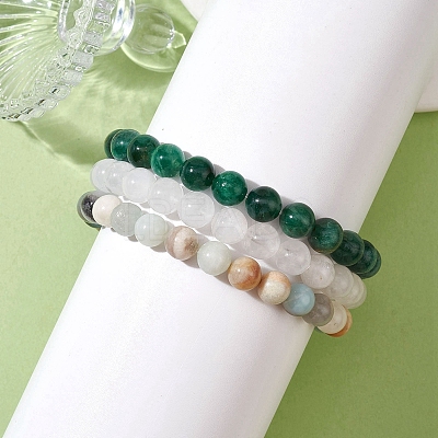 3Pcs 3 Styles Natural Mixed Gemstone Round Beaded Stretch Bracelets Set BJEW-JB10139-02-1