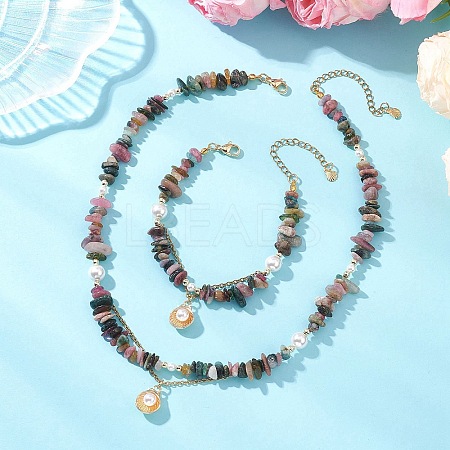Natural Multicolor Tourmaline Chips Beads Necklaces & Bracelets Sets for Women SJEW-JS01372-02-1
