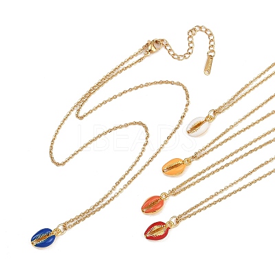 Alloy Enamel Shell Shape Pendant 304 Stainless Steel Cable Chain Necklaces for Women NJEW-JN05421-1