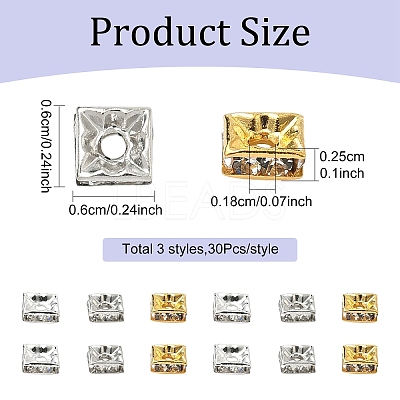 90Pcs 3 Colors Brass Rhinestone Spacer Beads KK-YW0004-58-1