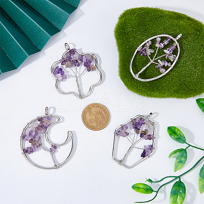 8Pcs 4 Styles Flower & Moon & Oval & Hexagon Natural Amethyst Copper Wire Wrapped Chip Big Pendants G-DC0001-26-1