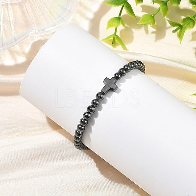 Synthetic Non-magnetic Hematite Round and Religion Cross Beaded Stretch Bracelets for Men BJEW-JB14406-02-1