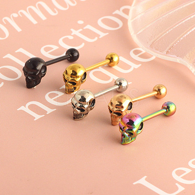 Skull 304 Stainless Steel Straight Barbell 15 Gauge Piercing Tongue Rings for Women Men FS-WG07D05-01-1