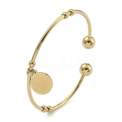 PVD Vacuum Plating 202 Stainless Steel Disc Charm Open Cuff Bangles for Women BJEW-M317-03G-1