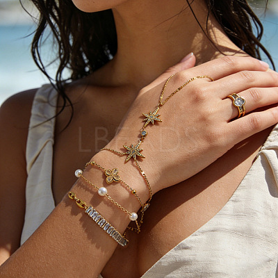 Summer 304 Stainless Steel Crystal Rhinestone Star Link Hand Chain Ring Bracelets for Women SA-CBAAE04-04G-1