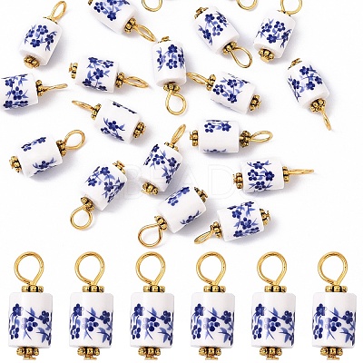 20Pcs Blue & White Floral Printed Porcelain Pendants PALLOY-YW00112-03-1